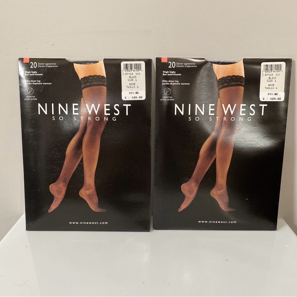 Set of 2 Vintage Nine West So Strong Thigh High Black Size 1 Lace Top Stockings
